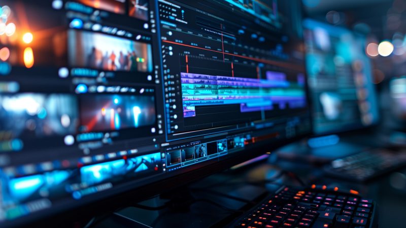 A computer monitor that displays a video editing timeline with various video clips arranged sequentially A computer monitor that displays a video editing timeline with various video clips arranged sequentially